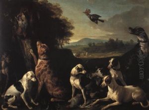 Hounds With Game In A Landscape, A Hoopoe Flying Overhead by Alexandre-Francois Desportes