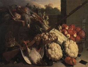 Nature Morte Au Panier De Pommes, Panier De Champignons. . .et Chat by Alexandre-Francois Desportes
