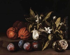 Still Life With Plums, Oranges And Orange Blossoms On A Stone Ledge by Alexandre-Francois Desportes