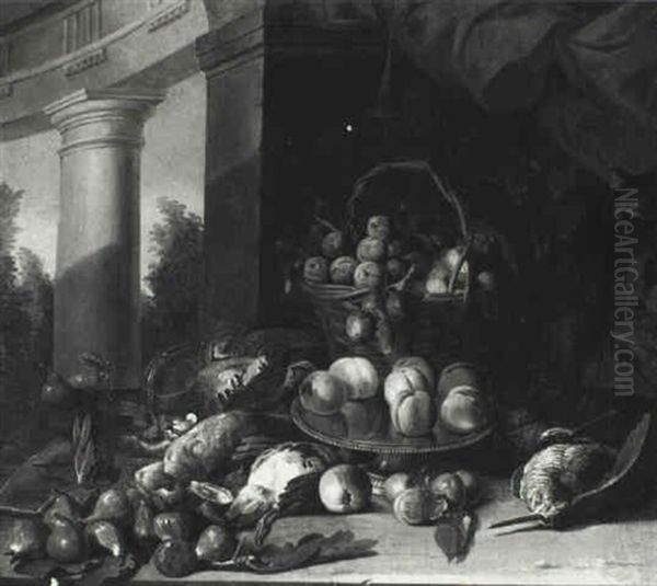 Still Life With Fruit And Game On A Table Before A Stone Wall - view 1