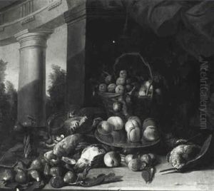 Still Life With Fruit And Game On A Table Before A Stone Wall by Alexandre-Francois Desportes