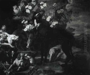 A Boy With Lurchers And Hounds By An Apple Tree