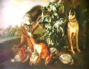 Paysage, Avec A L'avant Plan, Une Nature Morte De Gibier Et Deux Chiens