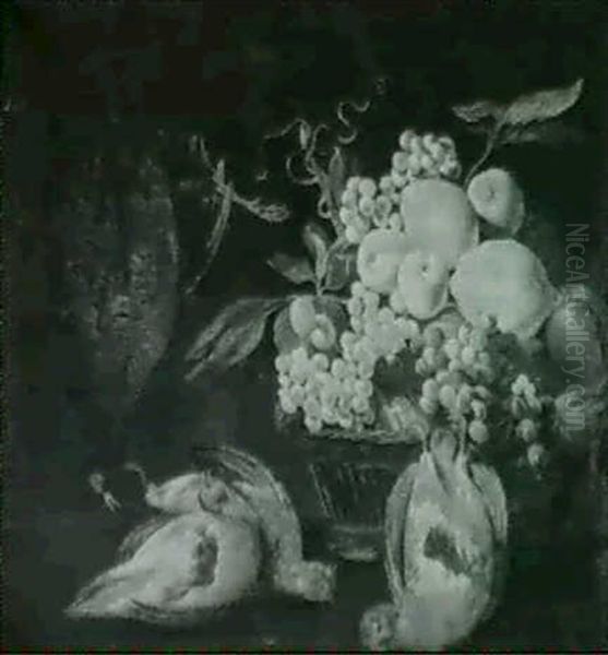 A Hanging Pheasant, Three Partridges And A Basket Of Fruit On A Ledge - view 1
