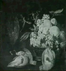 A Hanging Pheasant, Three Partridges And A Basket Of Fruit On A Ledge by Alexandre-Francois Desportes
