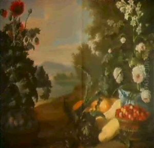 Corbeille De Fraises, Panier De Prunes, Branche De Pavot Et Rosiers En Fleurs Devant Un Paysage