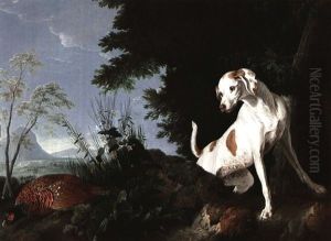 A Black And White Hunting Dog Spotting Two Gray Patridges & A Brown & White Hunting Dog Menacing A Ring-necked Pheasant by Alexandre-Francois Desportes