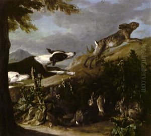 Hunting Dogs Chasing A Hare Uphill, Other Hares Hiding In Foliage Below by Alexandre-Francois Desportes
