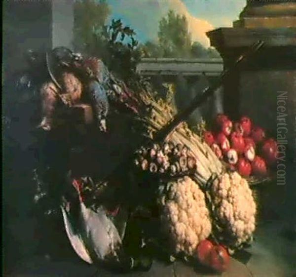 Nature Morte Avec Un Panier De Pommes, Un Panier De Champignons, Une Botte De Celeri - view 1