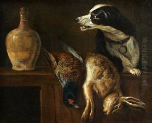 Epagneul Gardant Un Lievre Et Un Faisan (+ Chat Volant Une Perdrix Pres D'un Col-vert; Pair) by Claude Francois Desportes