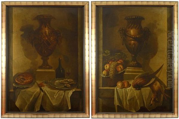 Coupe De Fruits Et Trophee De Chasse Sur Un Entablement Devant Un Vase Medicis Et Tourte, Plat D'huitres, Bouteille Et Verre De Vin Sur Un Entablement Devant Un Vase Medicis (2 Works) - view 1