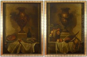 Coupe De Fruits Et Trophee De Chasse Sur Un Entablement Devant Un Vase Medicis Et Tourte, Plat D'huitres, Bouteille Et Verre De Vin Sur Un Entablement Devant Un Vase Medicis (2 Works) by Claude Francois Desportes