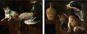 Epagneul Gardant Un Lievre Et Un Faisan Et Chat Volant Une Perdrix Pres D'un Col (pair) by Claude Francois Desportes