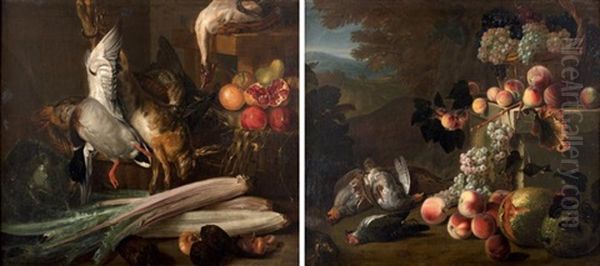Nature Morte Aux Perdrix, Peches, Pasteques, Raisins Dans Un Paysage Et Nature Morte Au Canard, Lievre, Grenades Et Cardons (pair) - view 1