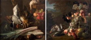 Nature Morte Aux Perdrix, Peches, Pasteques, Raisins Dans Un Paysage Et Nature Morte Au Canard, Lievre, Grenades Et Cardons (pair) Nature Morte Aux Perdrix, Peches, Pasteques, Raisins Dans Un Paysage Et Nature Morte Au Canard, Lievre, Grenades Et Cardons (pair)