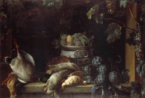 Nature Morte Au Gibier, A La Coupe De Prunes Et Aux Artichauts Disposee Sur Un Entablement De Fenetre Decoree D'un Treille - view 1