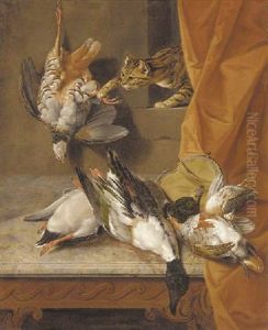 Mallard And Partridge On A Table With A Purse Before A Red Curtain, A Cat Stealing A Hanging Partridge From A Niche Above by Claude Francois Desportes
