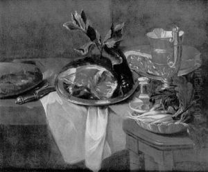 Nature Morte A L'aiguiere, Plat De Jambon Et Radis Sur Un Entablement