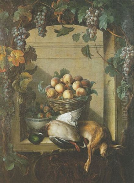Nature Morte A La Coupe De Figues, Panier De Peches, Canard Et Lievre Dans Une Niche Entournee D'une Trellis - view 1