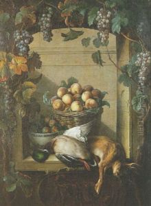 Nature Morte A La Coupe De Figues, Panier De Peches, Canard Et Lievre Dans Une Niche Entournee D'une Trellis