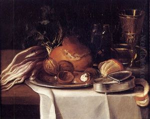Nature Morte A La Brioche, Noix Et Pieces D'argenterie Sur Un Entablement by Nicolas Desportes