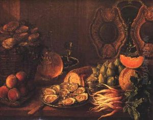 A Still Life Of A Basket Of Oysters, Peaches, A Caraffe Of Wine, A Plate Of Schucked Oysters, Bread, A Salt Cellar, A Plate Of Figs, A Melon, Radishes, A Covered Wine Glass And Gilt Plates by Nicolas Desportes