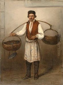 Marketender In Russischer Tracht Mit Korben Und Waage by Emile Francois Dessain