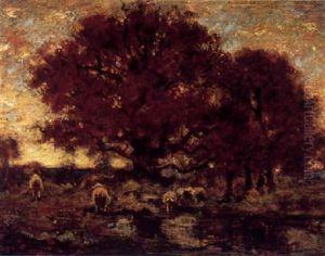 Cattle Watering Under A Tree At Sunset Cattle Watering Under A Tree At Sunset