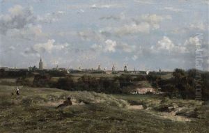 A Dune Landscape With A Man Resting, Mills And A Church Tower On The Horizon A Dune Landscape With A Man Resting, Mills And A Church Tower On The Horizon