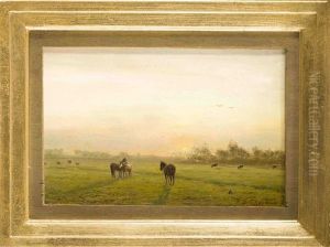 Stimmungsvolle Landschaft Mit Weidenden Pferden Bei Sonnenaufgang by Johannes Joseph Destree