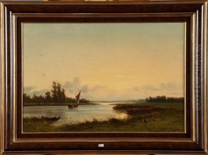 Coucher Du Soleil Sur La Riviere Animee by Johannes Joseph Destree