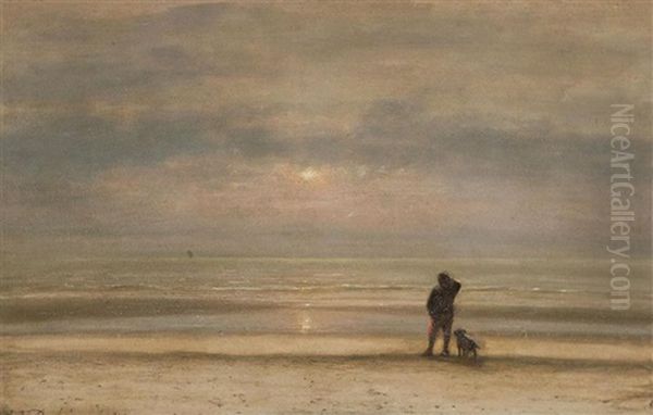 Man With Dog Near The Sea At Sunset - view 1