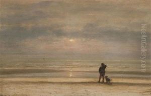 Man With Dog Near The Sea At Sunset by Johannes Joseph Destree