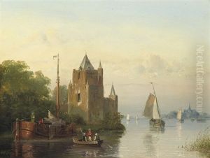 Shipping By A Riverside Castle by Johannes Joseph Destree