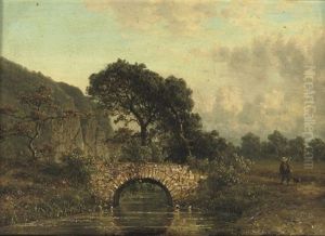 A Hunter And His Dog By A Bridge by Johannes Joseph Destree