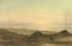 On The Beach At Sunset by Johannes Joseph Destree