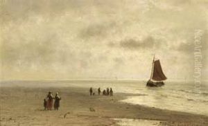 A Coastal Scene With A Bomschuit by Johannes Joseph Destree