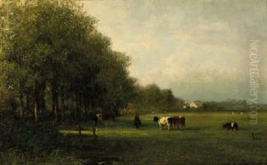 Cows In A Meadow By A Wooded Lane, A Farm Beyond