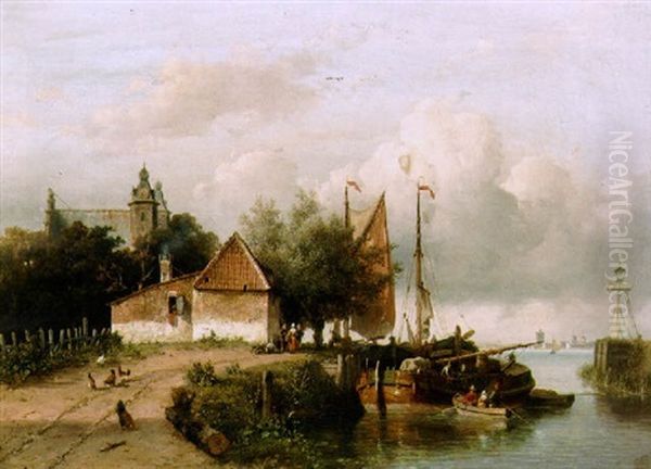 Moored Sailing Vessels Near A Town - view 1