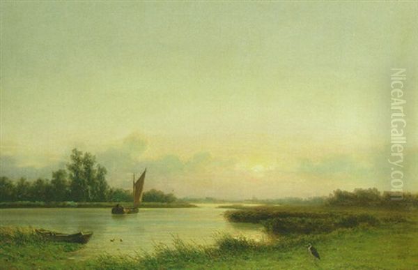 A Summer Landscape With A Sailing Boat On A Meandering River - view 1