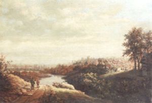 Dutch Landscape With Labourers On Dirt Track, Windmills In Far Distance