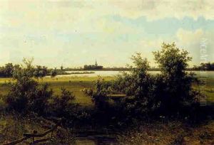 A Summer Landscape With A Hunter, A Town In The Distance by Johannes Joseph Destree