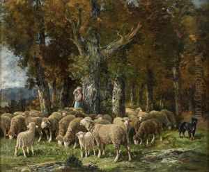 Bergere Et Son Troupeau De Moutons by Raymond Desvarreux