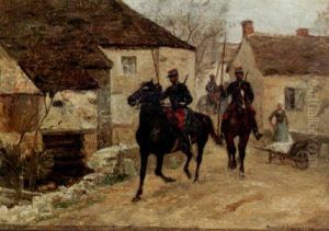 French Soldiers On Horseback In A Village by Raymond Desvarreux