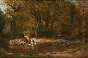Troupeau S"abreuvant A La Riviere by James Desvarreux-Larpenteur