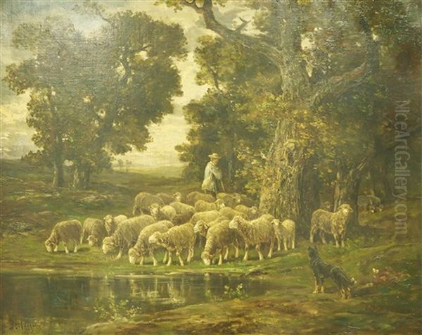 Berger Et Ses Moutons Au Bord D'une Mare - view 1