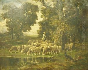 Berger Et Ses Moutons Au Bord D'une Mare by James Desvarreux-Larpenteur