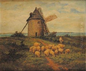 Troupeau Devant Le Moulin by James Desvarreux-Larpenteur
