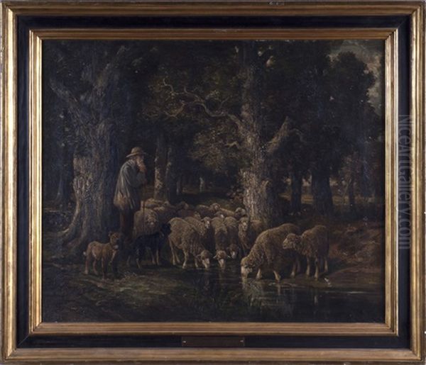 Shepherd With A Flock At A Wooded Stream - view 1
