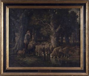 Shepherd With A Flock At A Wooded Stream by James Desvarreux-Larpenteur